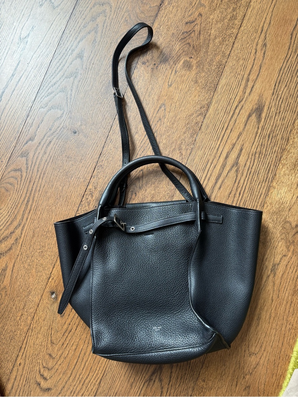 CELINE Black Leather Tote Bag with Shoulder Strap.